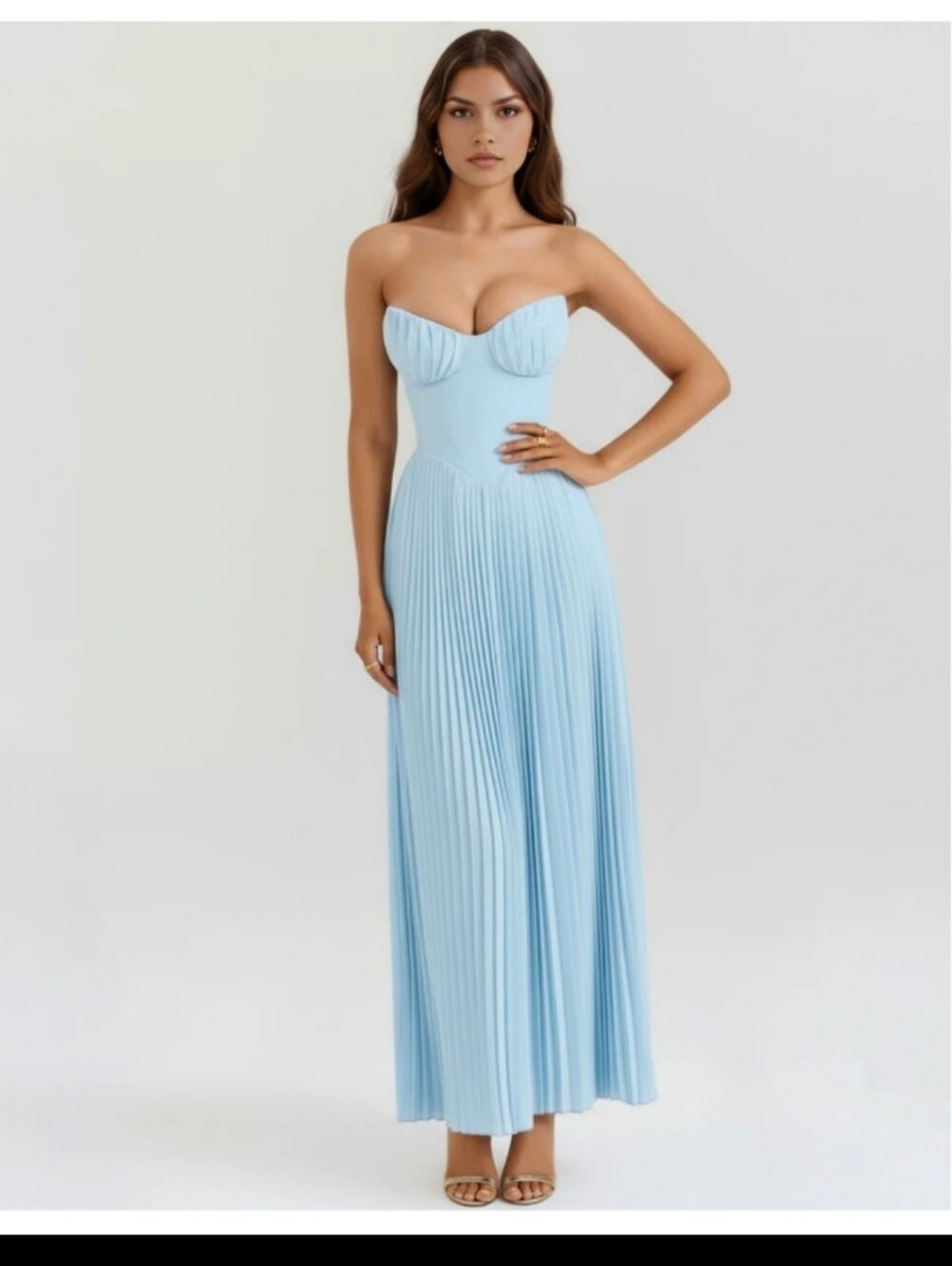 Almond Muse House Of Cb Dupe Siena Pleated Corset Bustier Maxi Dress Powder Blue